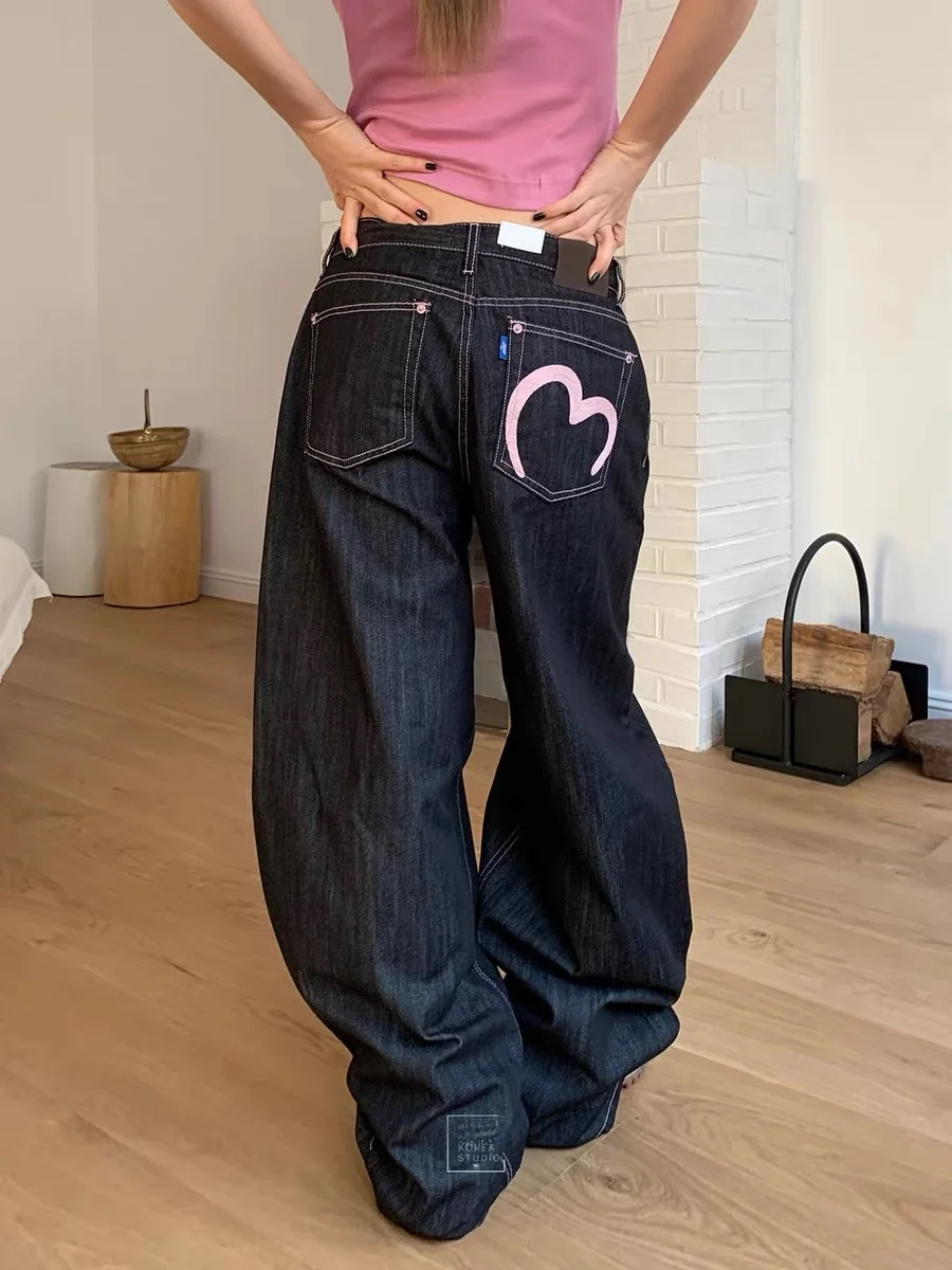 Calças Jeans Casuais de Cintura Alta com Bordado de Coração Rosa Longo East Gate Moda Fena para a Temporada de Outono