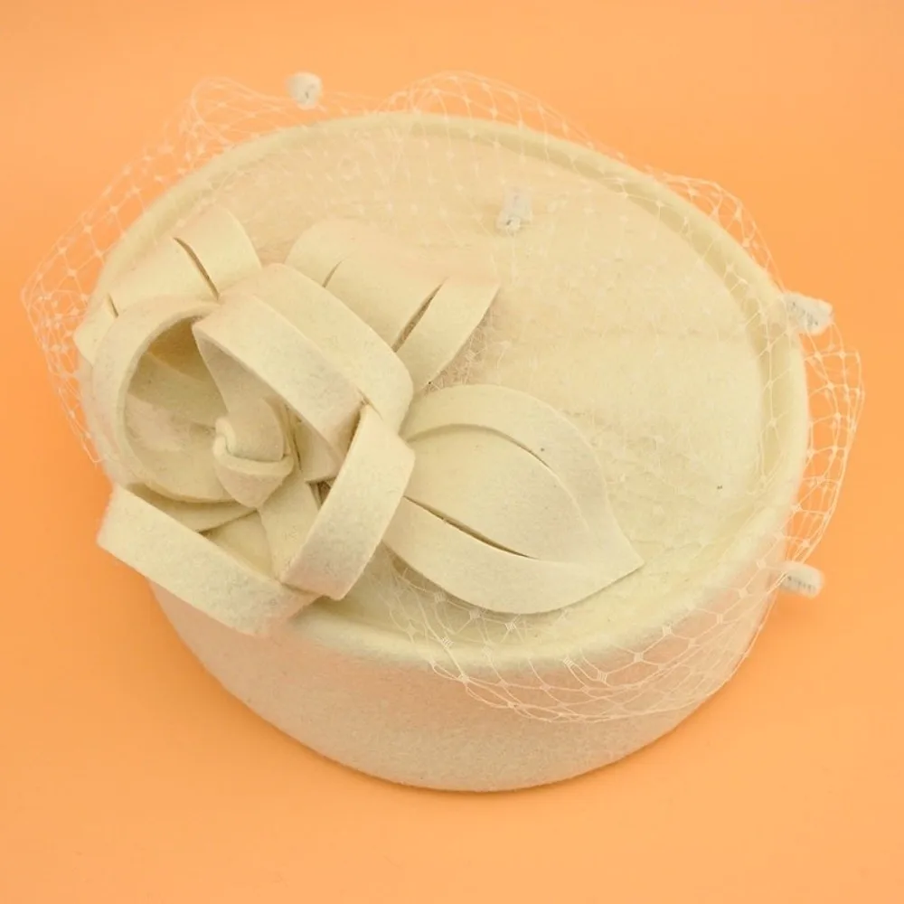 New Solid Color Top Hat Cashmere Wool French Vintage Pillbox Hat Mesh Casual Headwear Party Dress