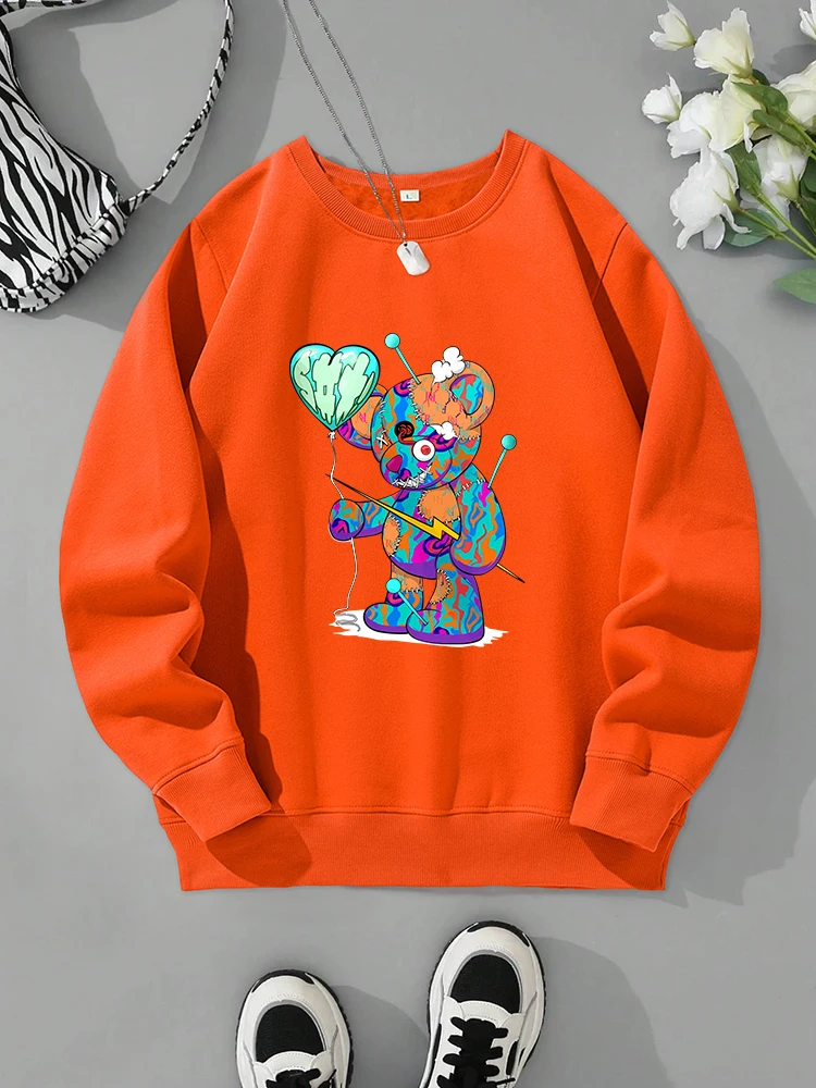 The Little Bear Holding A Balloon Print Men Sweatshirt Vintage Round Neck Pullover Street Casual Clothes Simple Warm Tracksuit