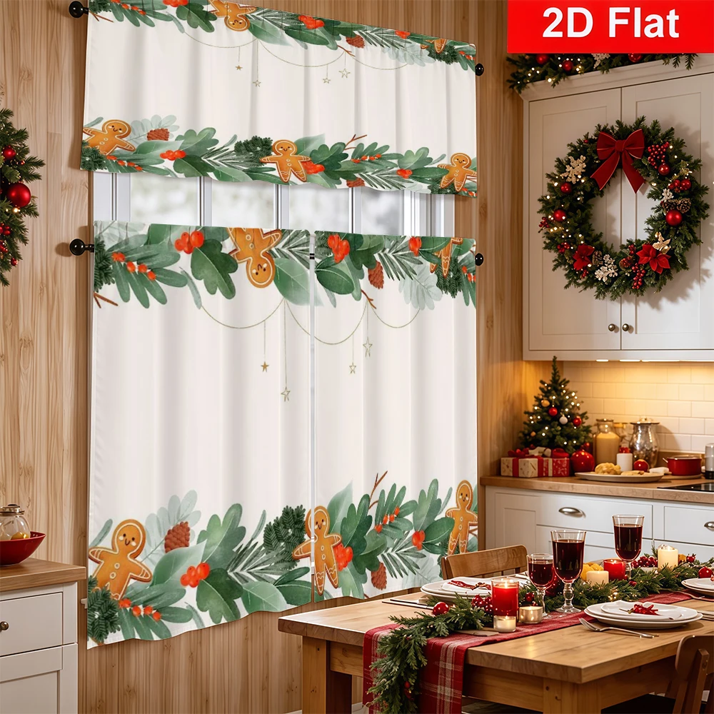 Christmas Kitchen Curtains, Watercolor Foliage Gingerbread, Digital Print, Kitchen Dining Room, Rod Pocket Polyester, Home Decor