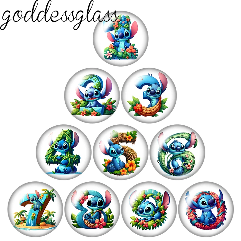 ديزني غرزة الزهور يترك 0-9 أرقام الكرتون لطيف 12 مللي متر/18 مللي متر صورة مستديرة الزجاج كابوشون ظهر مسطح صنع العثور على المفاتيح
