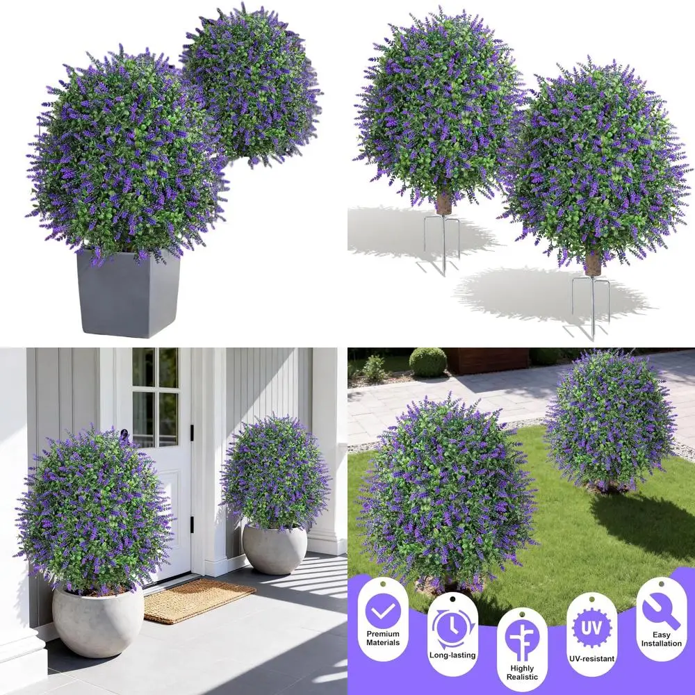 

Искусственные деревья из кипариса высотой 26 дюймов с цветами лаванды - набор из 2 штук для использования в помещении или на улице, устойчивые к УФ-излучению, с металлическим основанием.