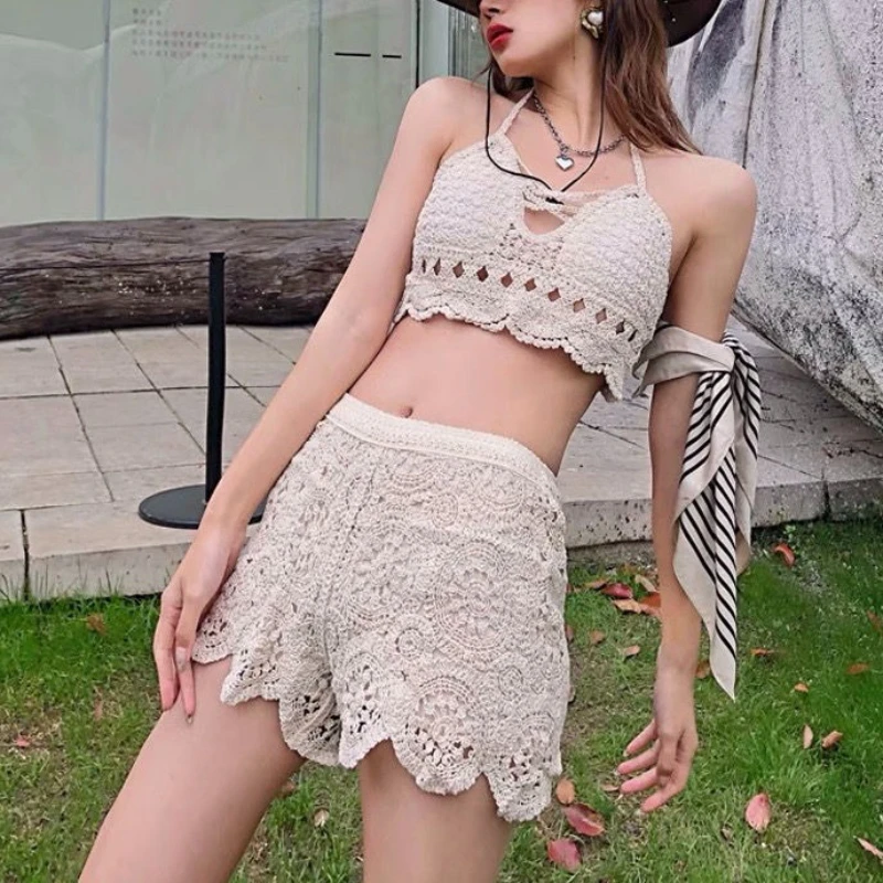 Knit Two Piece Sets For Women Summer Vacation Backless Camisole Elastic Waist Shorts Hollow Out Bikini Y2K Beach Sexy Swimsuit