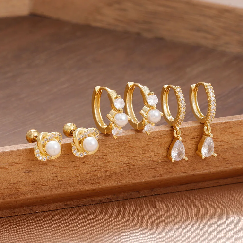 6pcs 14K Gold Plated Cubic Zirconia Piercing Ear Stud Hoop Earring Suit Stainless Steel Stackable Set For Women Piercing Jewelry