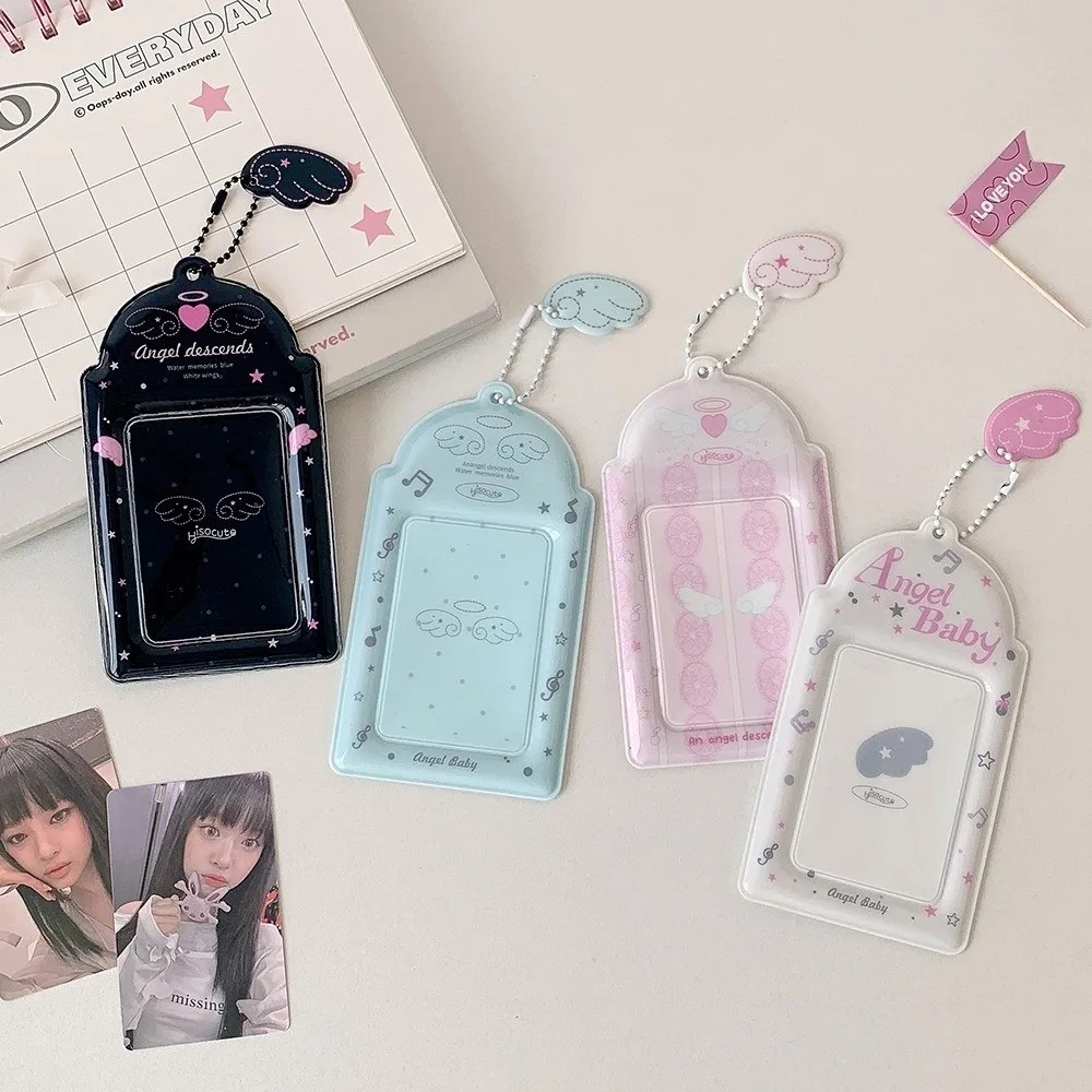 Cute PVC Photocard Holder Keychain Angel Wings Hanging Decoration ID Badge Holder Cartoon Photo Frame for Student Girls