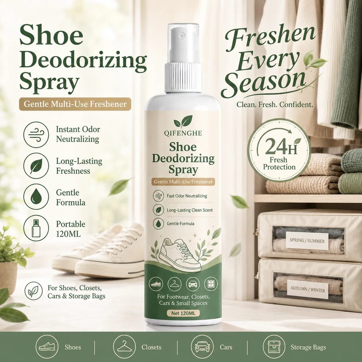 Gentle Shoe Deodorizing Spray 120ml - Multi-Use Odor Eliminator for Storage Bags, Closets, Cars & Footwear