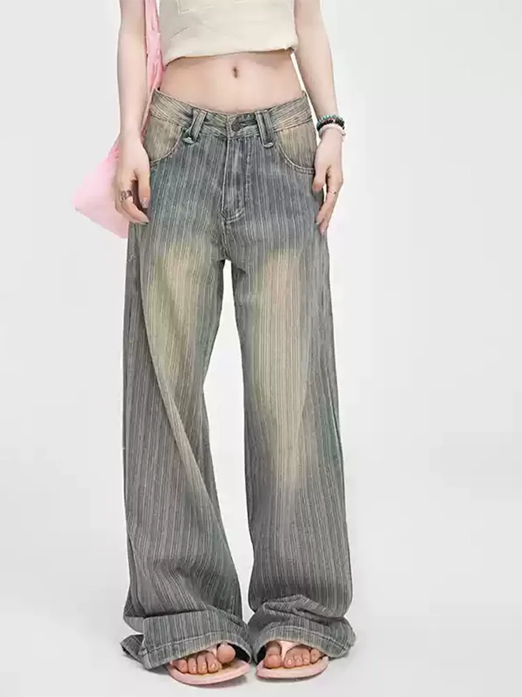 Y2K Low Waist Jeans Women American Retro Vintage Striped Slim Hanging Straight Wide Leg Floor Length Pants
