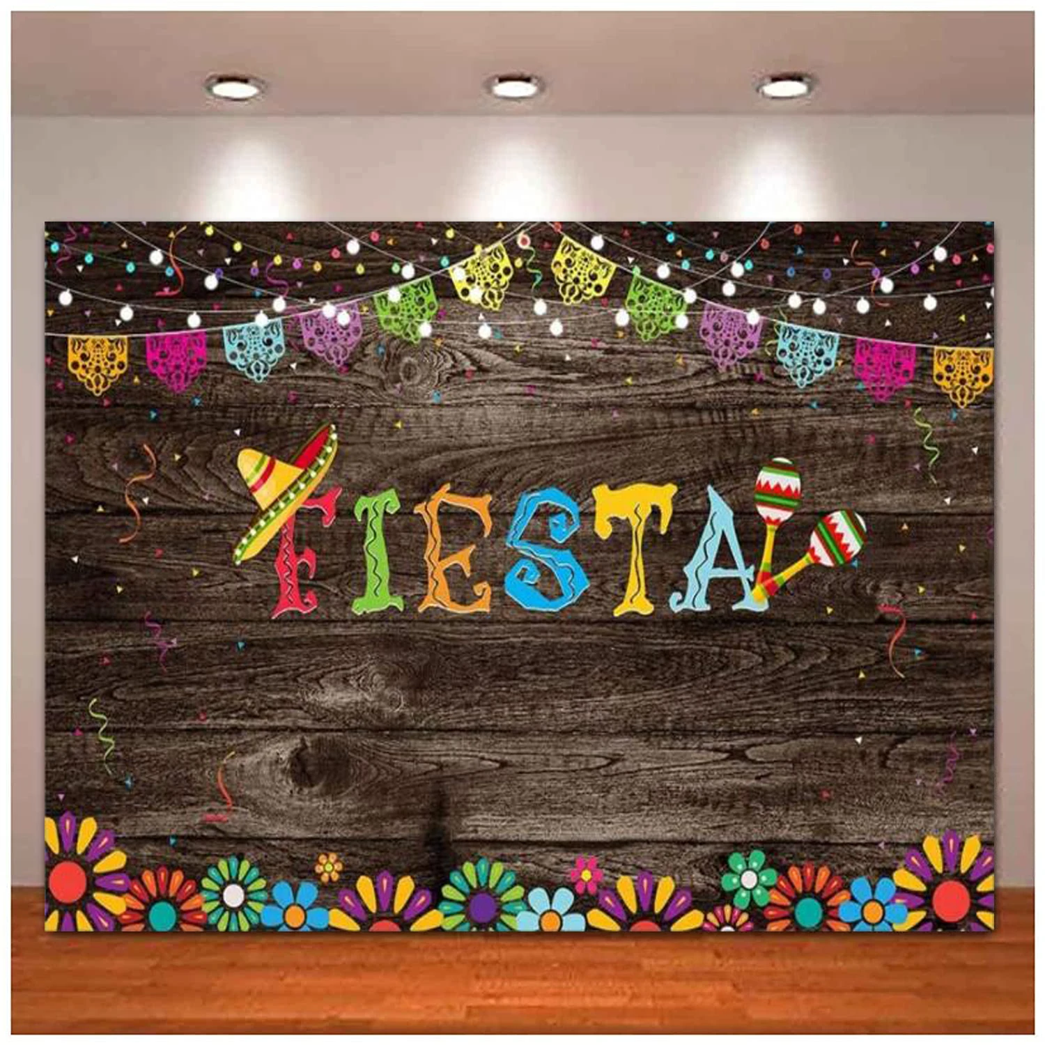 Mexican Fiesta Photography Backdrop Vintage Wood Fiesta Party Sprinkles Background Mexican Banner Brights Lights Fiesta Party