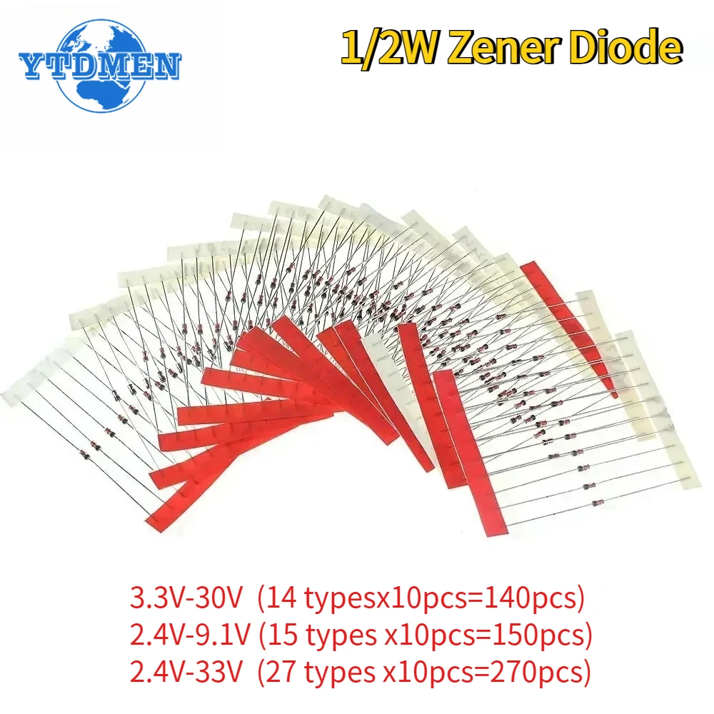 140/150/270pcs 1/2W Zener Diode Assorted Kit 0.5W 3.3V-30V, 2.4V-9.1V, 2.4V-33V Voltage Regulator Diodes DIY Sample Set