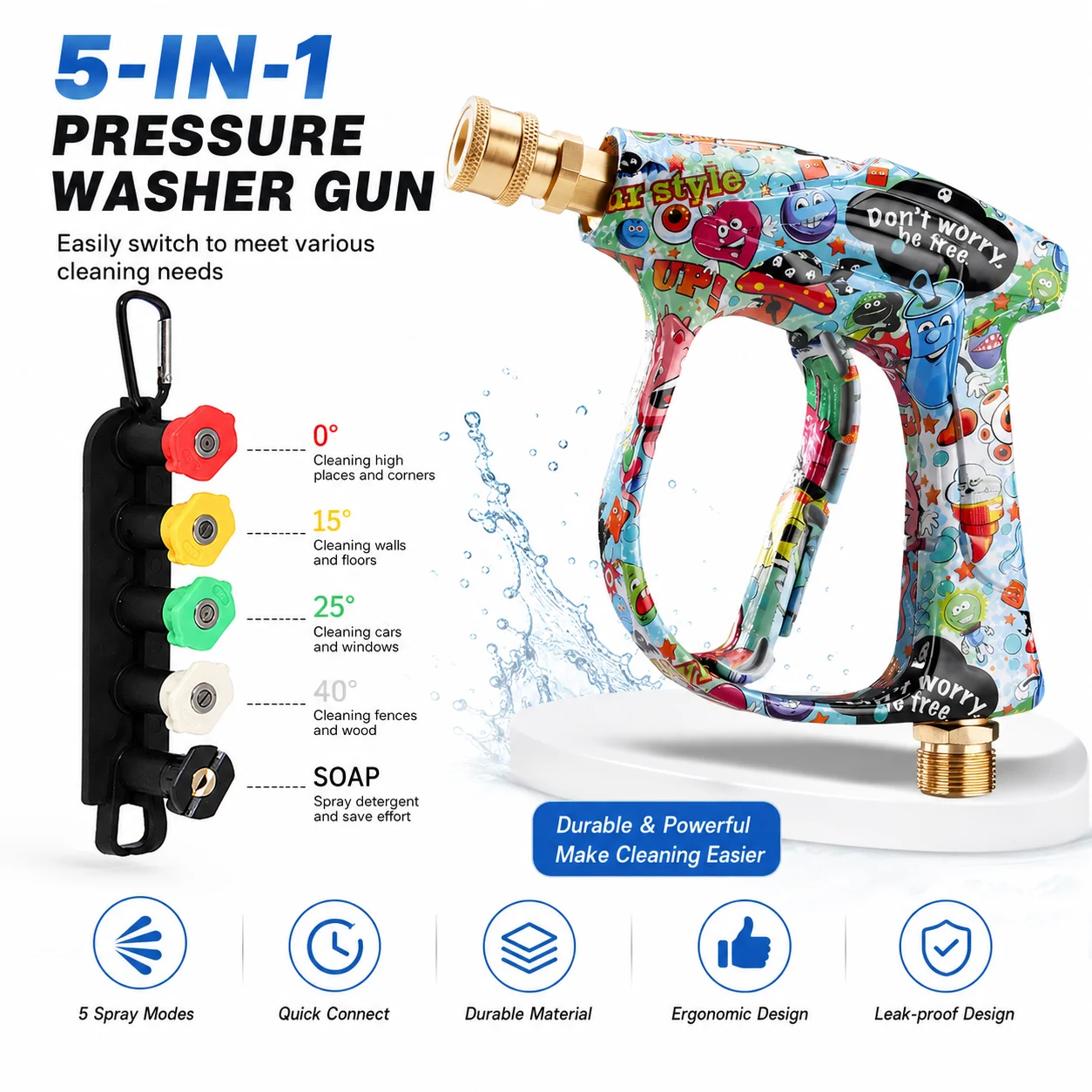 2026 New Graffiti High Pressure Washer Gun with Aluminum Valve & Copper Head, 5 Color Nozzles, 1/4