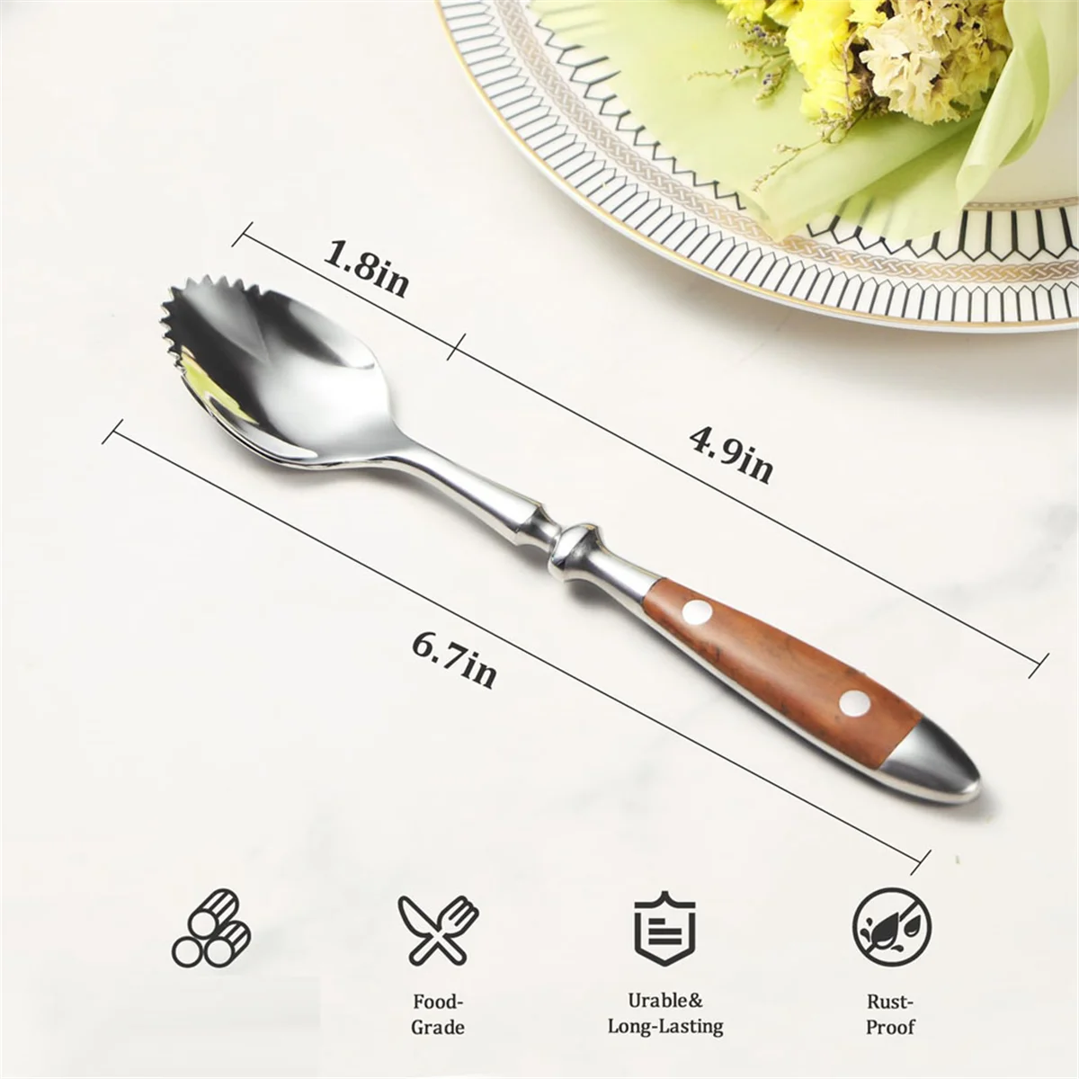 Grapefruit Spoons, 4PCS Serrated Grapefruit Spoon, Stainless Steel 18/8 Fruit Spoon Kiwi Spoon with Wood Handle