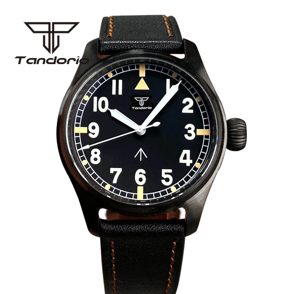 Tandorio Dress Black PVD 39mm 200m Dive Pilot Automatic Men Watches NH35A PT5000 Big Screw Crown Sapphire Glass Green Luminous