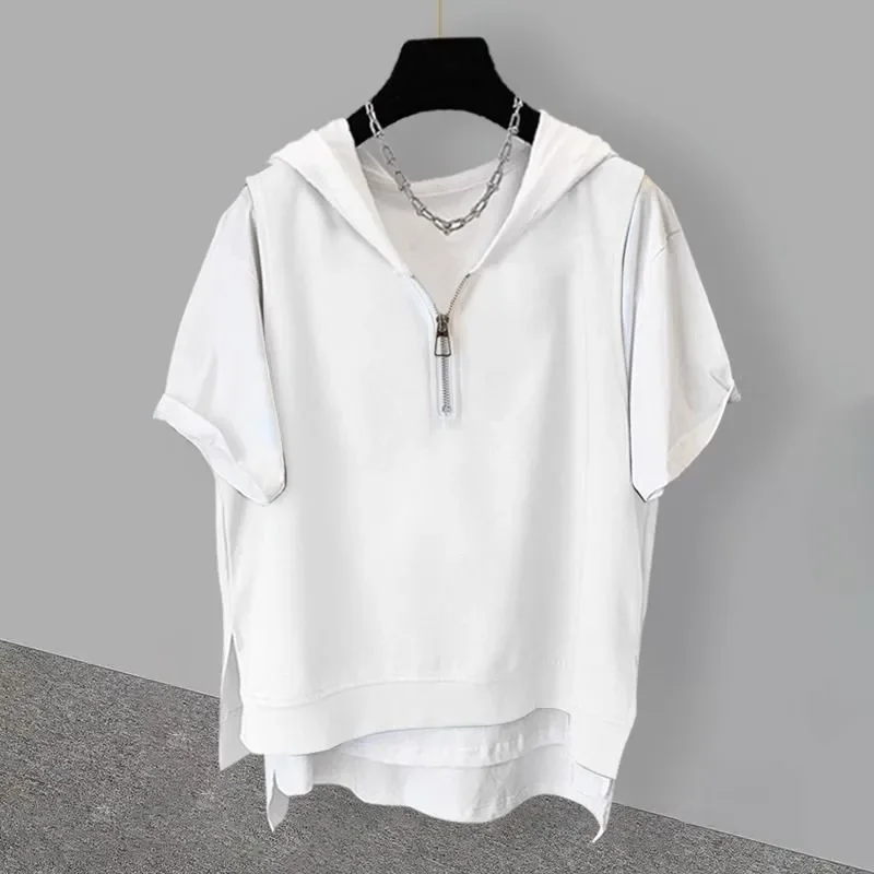 Men's Hooded Sleeveless Zipper Front Vest T-Shirt Layered Look Black White Contrast Casual Top
