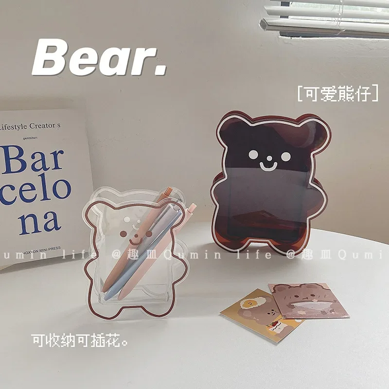 

Cute Bear Makeup Brush Storage Bucket Desktop Pen Holder Acrylic Vase Pencil Case Children Gift Girl Room Decoration Home Decor