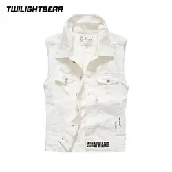 White Denim Sleeveless Jacket Men Vest Plus Size 5XL Vintage Hole Steetwear Casual Vest Men Waistcoat Brand Clothing