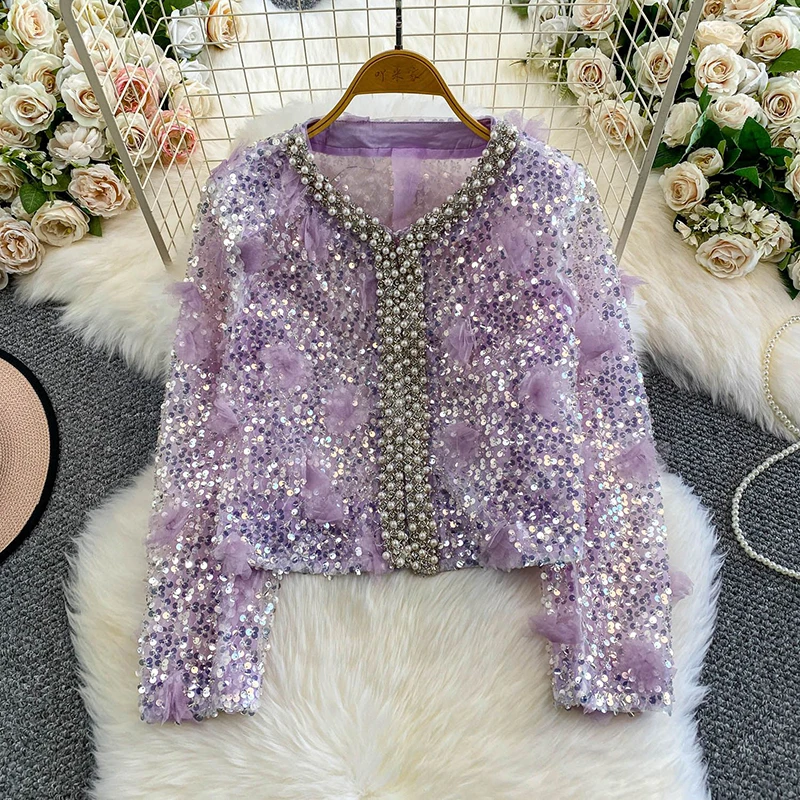 Light luxury heavy industry diamond studded nail bead V-neck coat women's fairy style mesh age reducing slimming sequin jacket