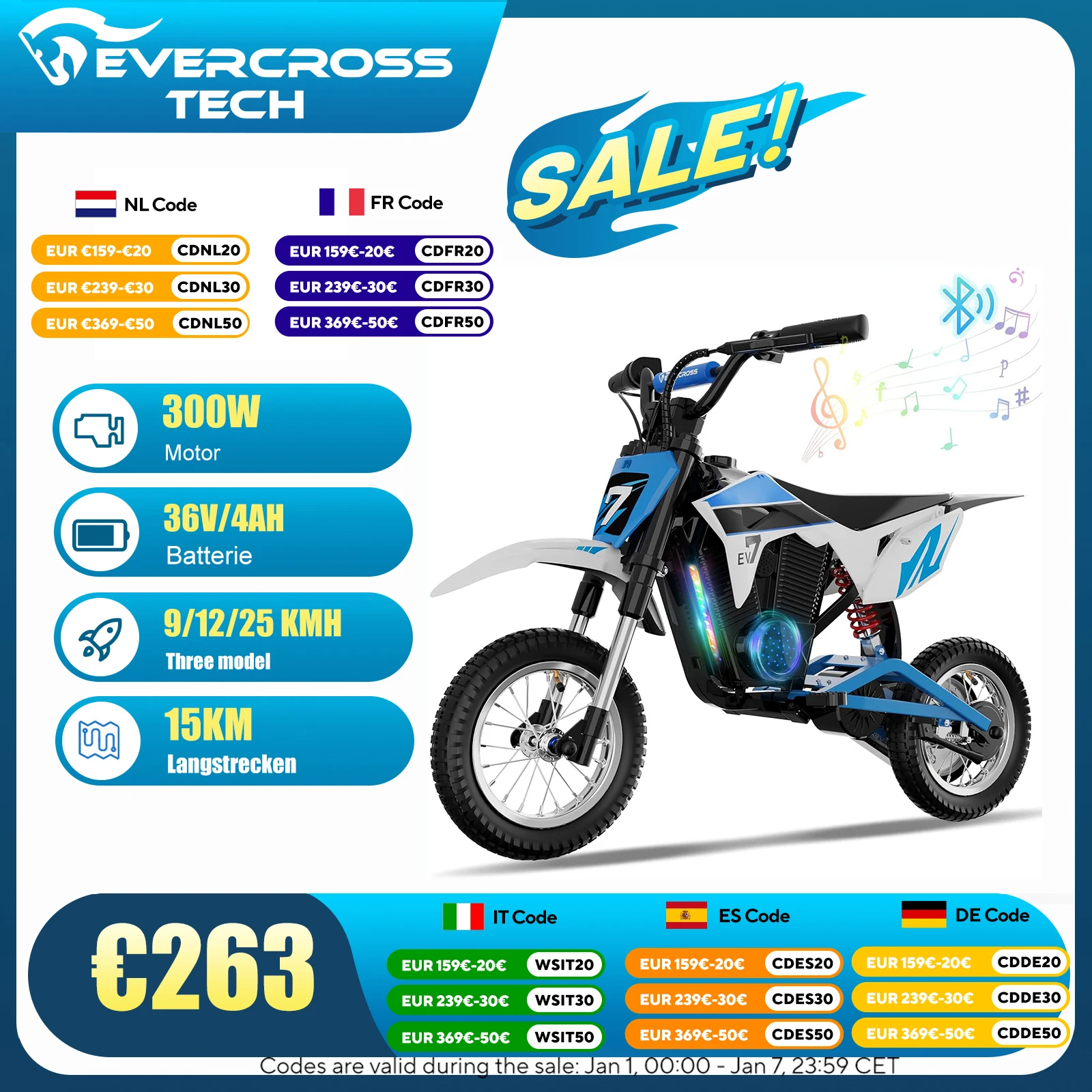 دراجة نارية كهربائية للأطفال ، EVERCROSS ، EVTECH 12M Pro ، من 25 كم/ساعة ، 15 كم/ساعة ، عمر البطارية ، بلوتوث ومضاءة ليد ، 12 في الإطارات