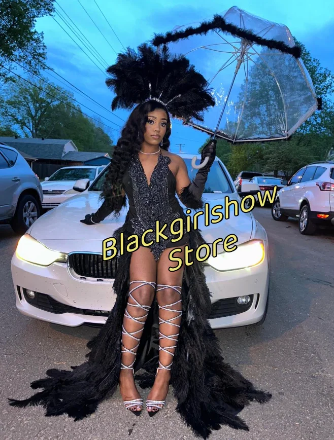 Luxury Black Feather Trailing Prom Dress 2024 For Women Sexy Glitter Diamante Birthday Party Celebrity Dress Black Girls Party