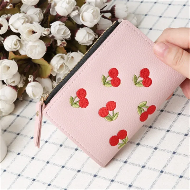 

Fashion Women Short Wallet PU Leather Cherry Embroidery Coin Purse Card Holders Lady Girl Money Bag BS88