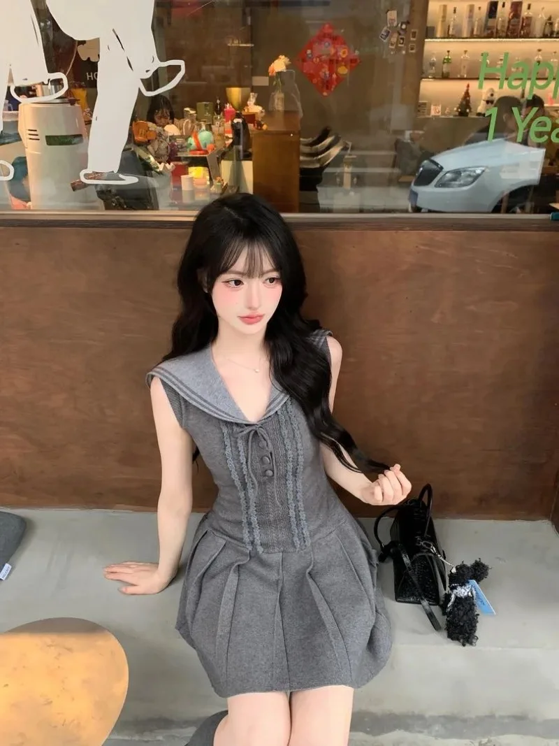 

Hmsevenjz Korean Preppy Style Gray Dress for Women's Summer Sailor Collar A-line Short Dress Fashion Female Clothes