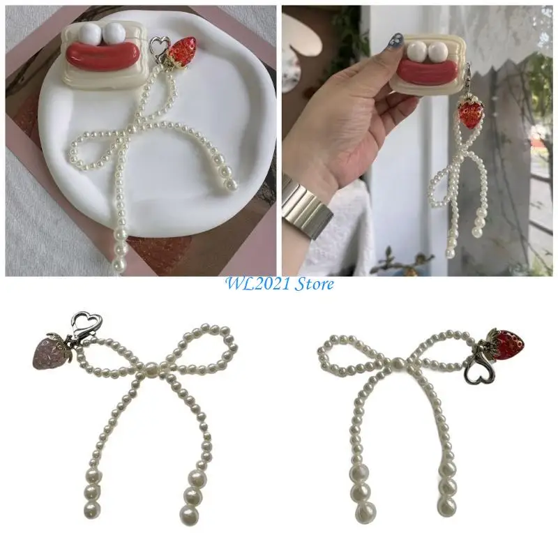 

G5GC Pearl Bowknot Strawberry Keychain Pendant Decorations for Bag Backpack