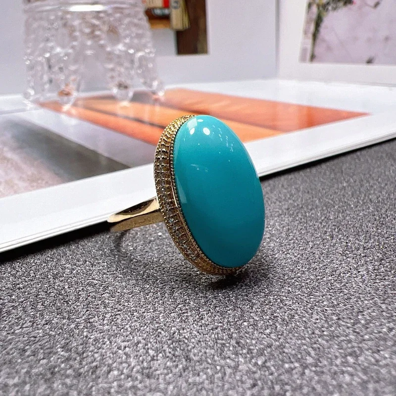 Original design Large oval turquoise rings for women Classic ethnic style Simple blue engagement banquet jewelry adjustable