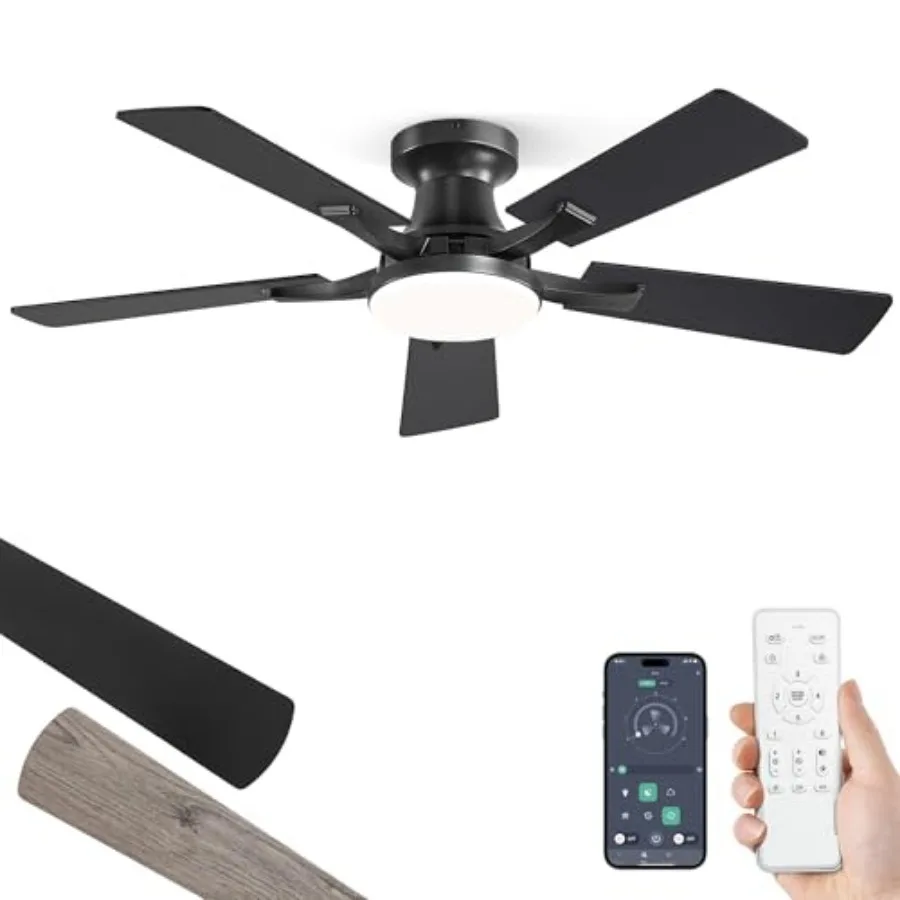 Ceiling Fan with Light, AppandRemote Control, Flush Mount Low Profile, Dimmable 20W LED Light, Quiet Reversible Motor for Bedro