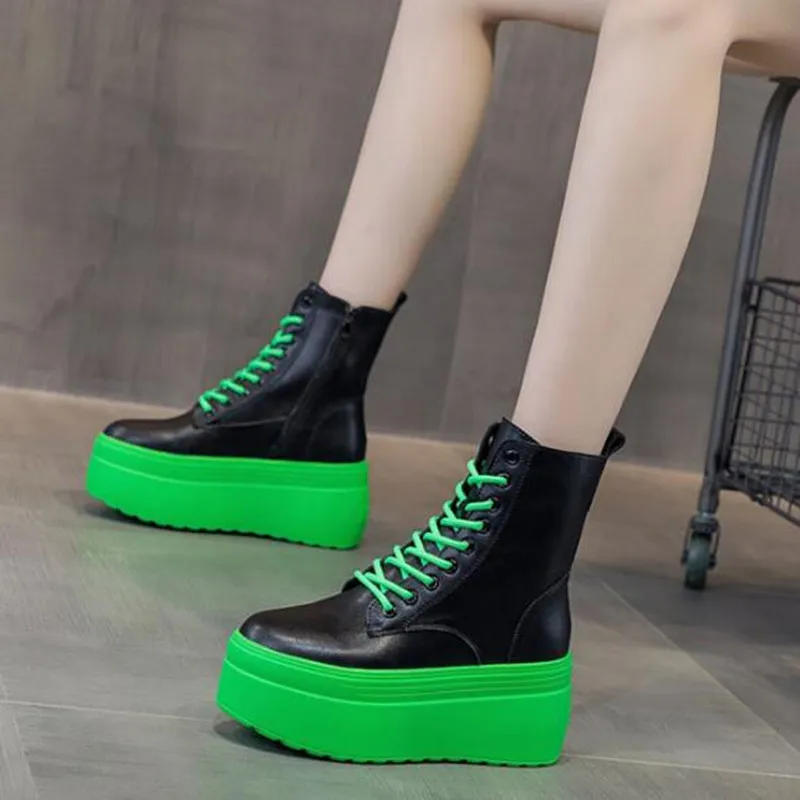 

2026 Genuine Leather Ankle Boots Green NEW Platform Boots for Women Thick Bottom Casual Womens Lace-up Combat Botas Chunky Shoes