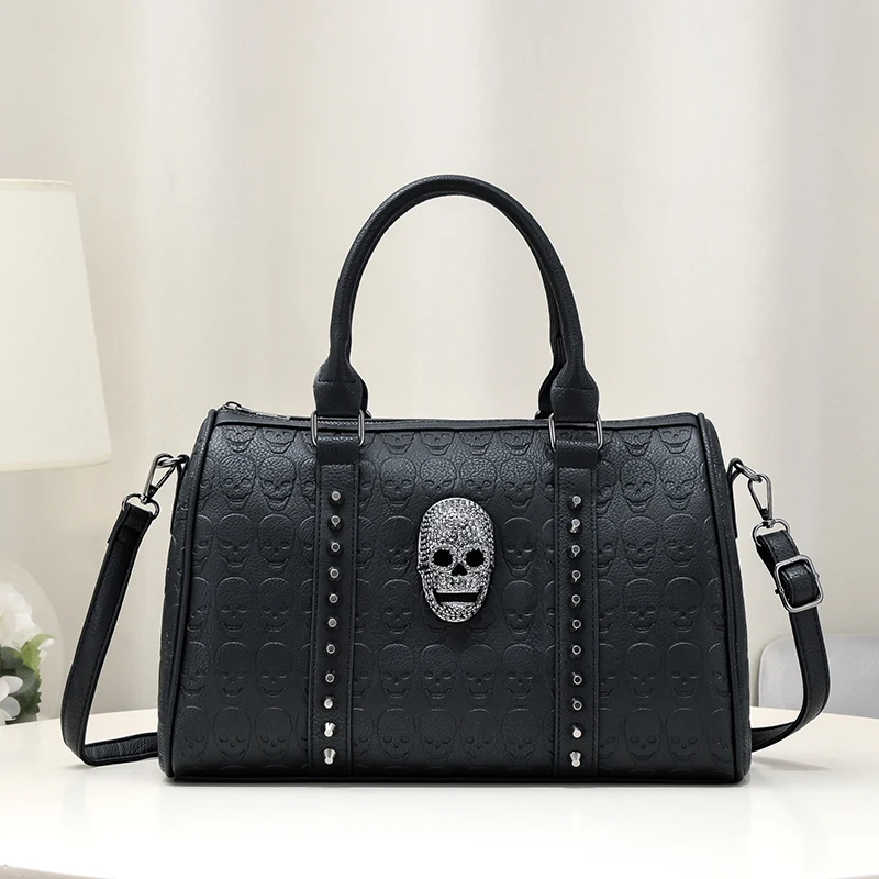 Jierotyx Gothic Style Skull Tote Bag for Women Steampunk Studded Decor Boston Bag Trendy Top Handle Crossbody Bag Large