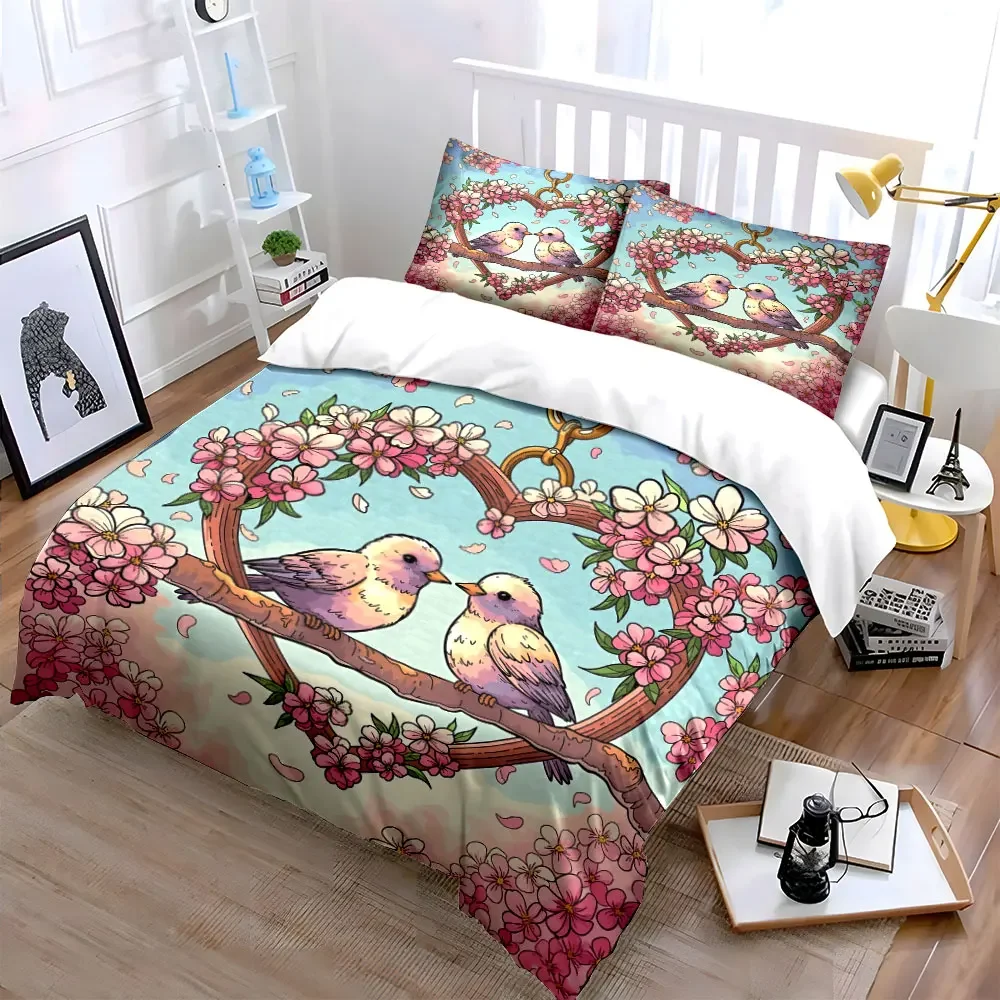 Romantic Bird Blossom Decor Soft Comfortable Duvet Cover Bedding Set Included 1*Duvet Cover & 2*Pillowcases, gift