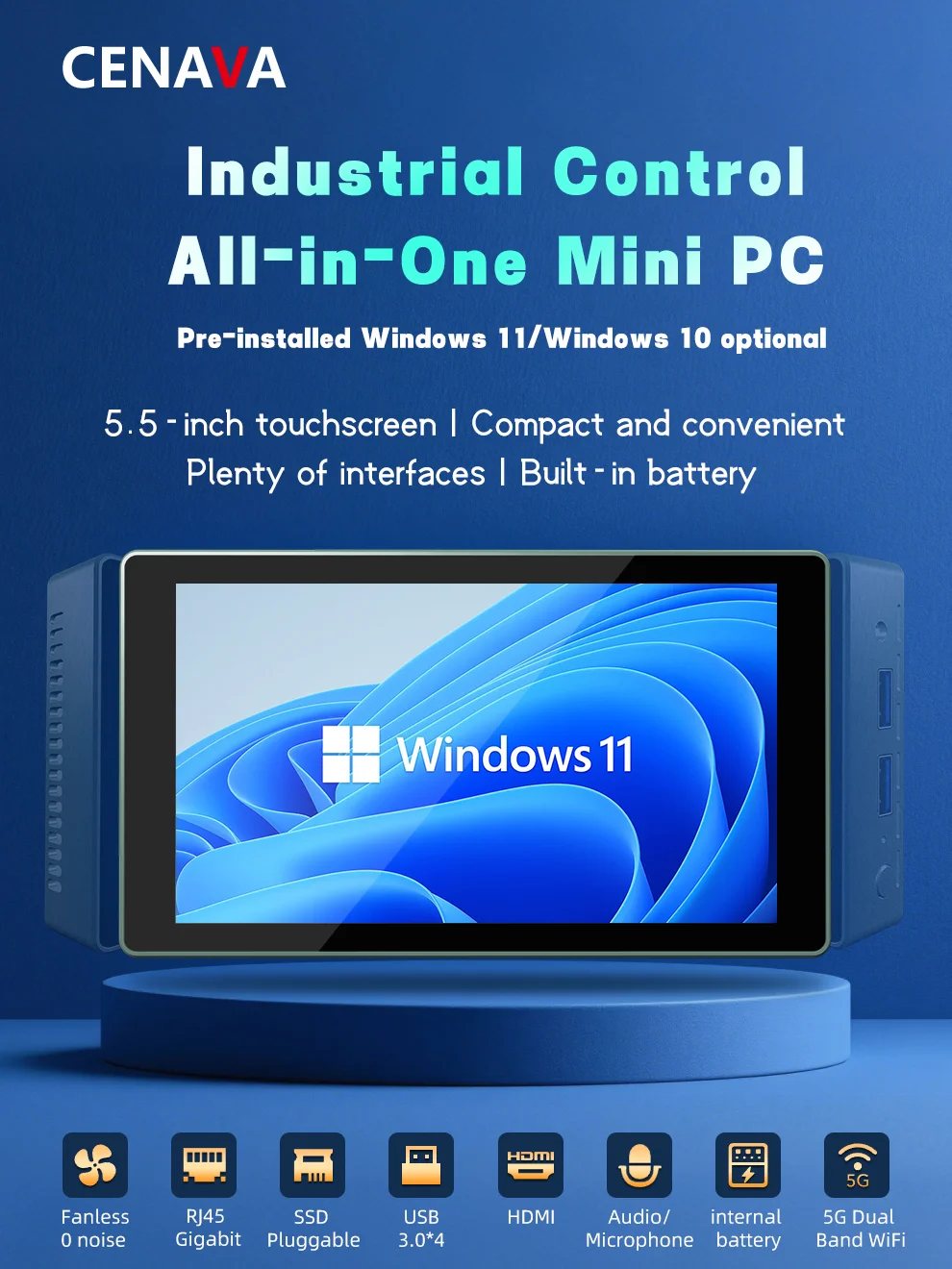 H55N 5.5' Touchscreen Mini PC Intel N5100 4-Core 8GB DDR4 128GB SSD Windows11 1920x1200 IPS WiFi6 BT5.0 4xUSB 3.0 Type-C Mini PC