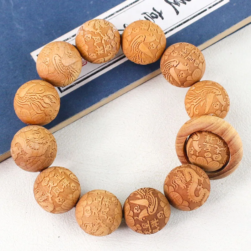1pc Natural Fragrant Cliff Cypress Wood Round Bracelets Dia 20mm Carving Wooden Artwork Good Luck Bangles DIY Jewelry Women Men