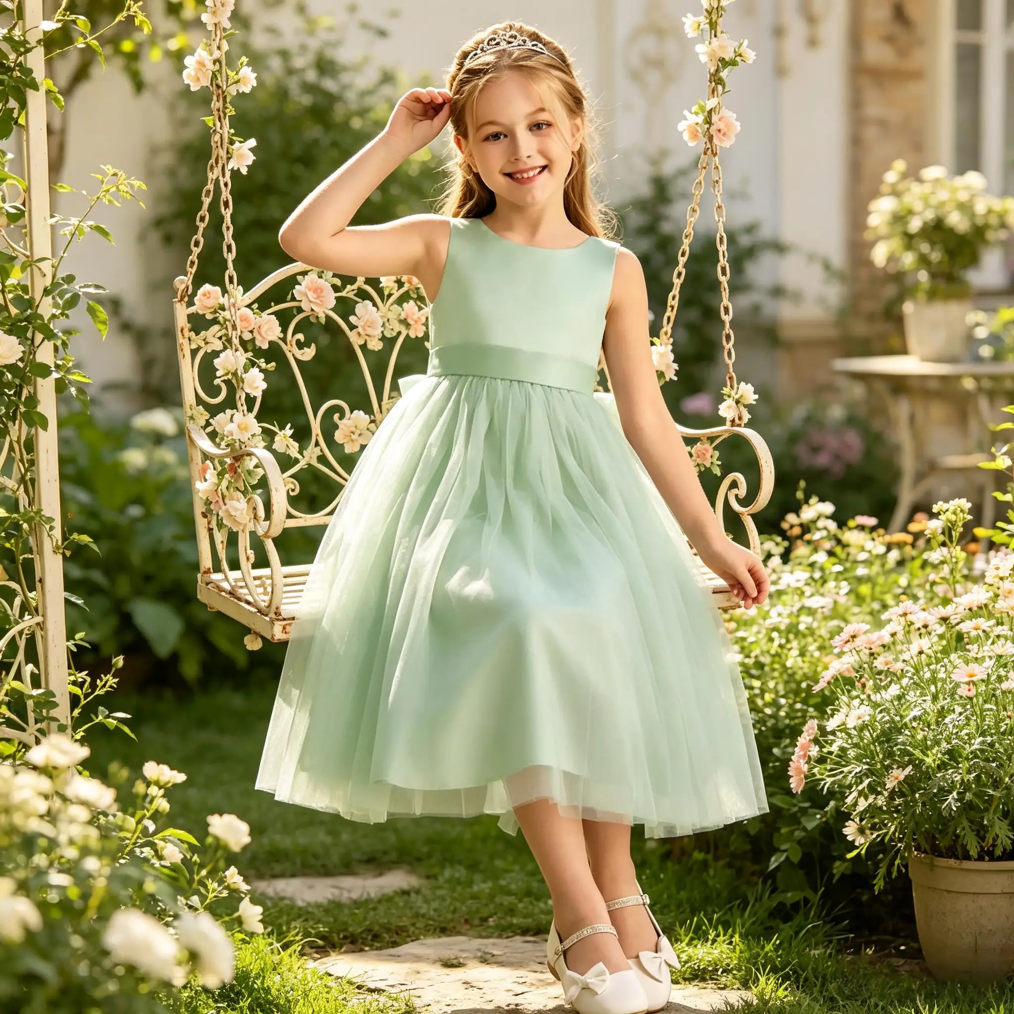 Cswdocy Elegant Pageant Dress Sleeveless Satin Bodice Midi Tulle Skirt Large Back Bow Flower Girl Dress For Wedding Formal Party