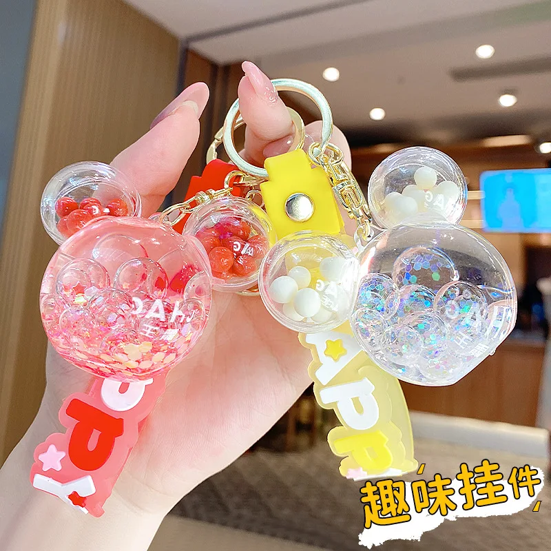 Cartoon Mickey Head Liquid Keychain Floating Quicksand Luminous Jelly Bean Keyring Couple Car Bag Pendant Charm Key Chains