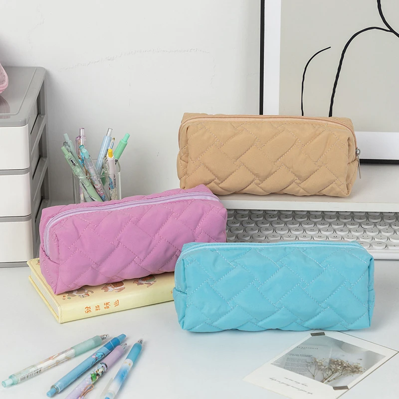Simple Solid Color Quilted Pencil Case Cosmetic Bag Stationery Storage Pouch Large Capacity Organizer School Supplies