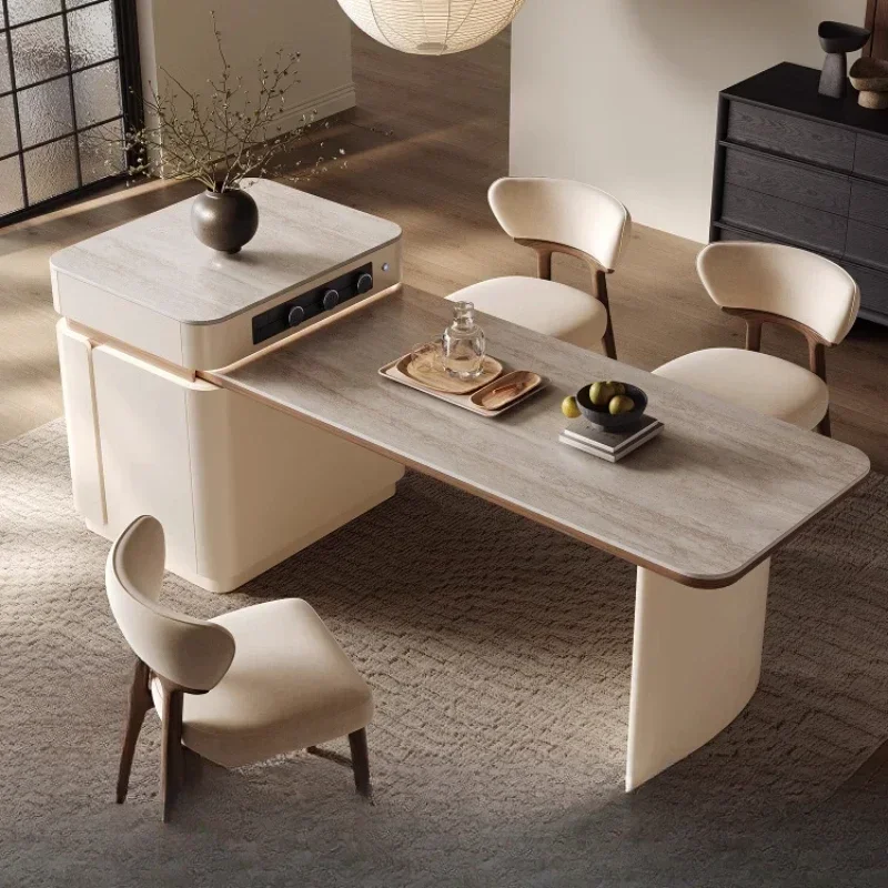 High end island style dining table with a retractable design, convenient and space saving multifunctional dining table