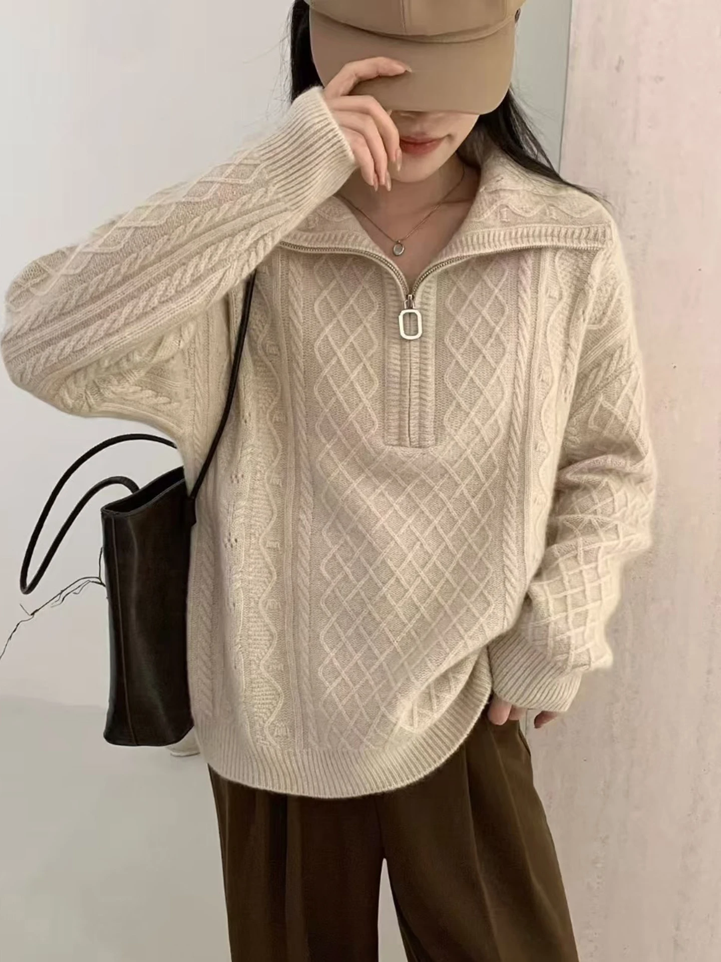 Novo pulôver de luxo feminino 100% lã merino meio zip volta cor sólida malha solta pele amigável confortável outono inverno topo quente