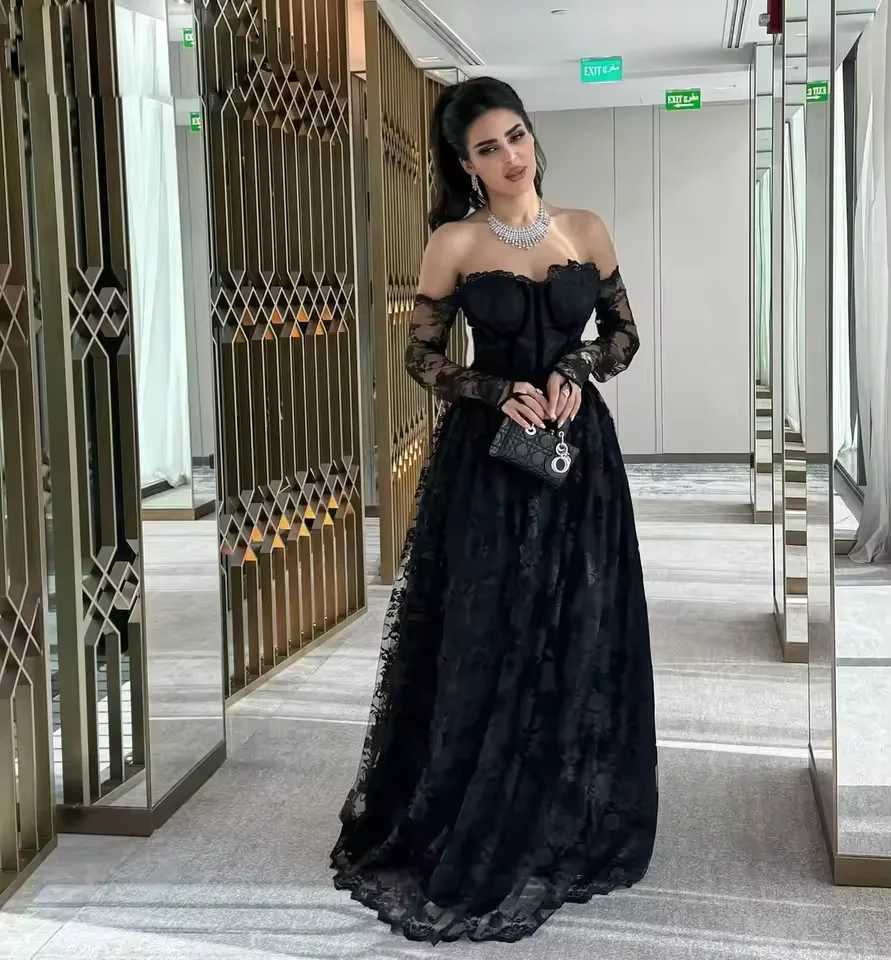 

Elegant Black Lace Applique Prom Dresses Off Shoulder Long sleeves فساتين مناسبة رسمية Customized A-Line Evening Party dresses
