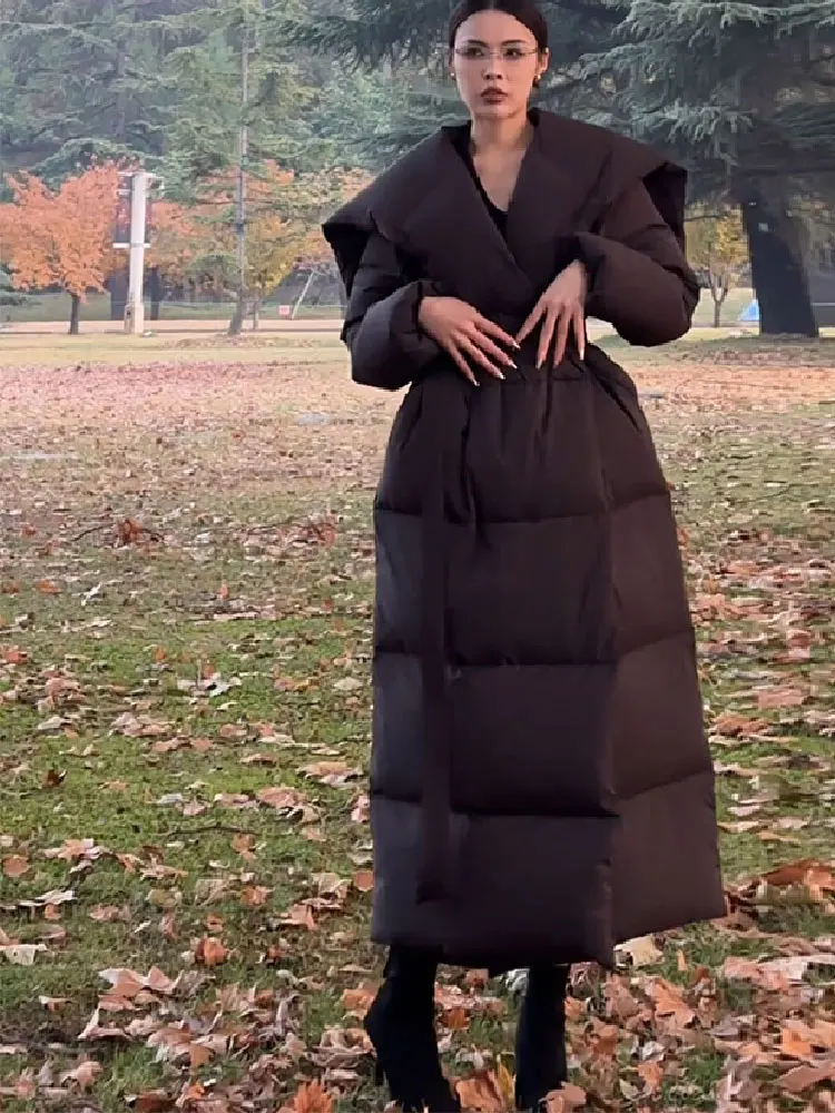 Inverno trabalho senhora do escritório estilo longo casaco grosso quente cintura larga pato para baixo jaqueta blusão com capuz casaco feminino outwear