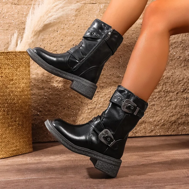 Metal Belt Buckle Block Heel Single Boots Autumn New Round Toe Side Zip Platform Non-Slip Shorthole Boots
