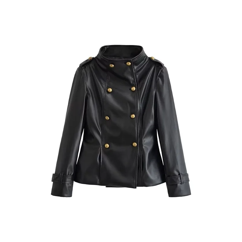 Guobioziy Women Stand Up Collar PU Jacket Chic Metal Buckle Faux Leather Black Double Breasted Long Sleeves Autumn Outfit
