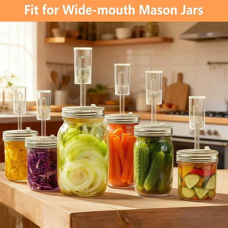 Fermentation Kit, Wide Mouth Mason Jars Pickling Sauerkraut Set Glass Weight, Stainless Steel Lid, Air Lock Valve, Silicone Seal - view 2