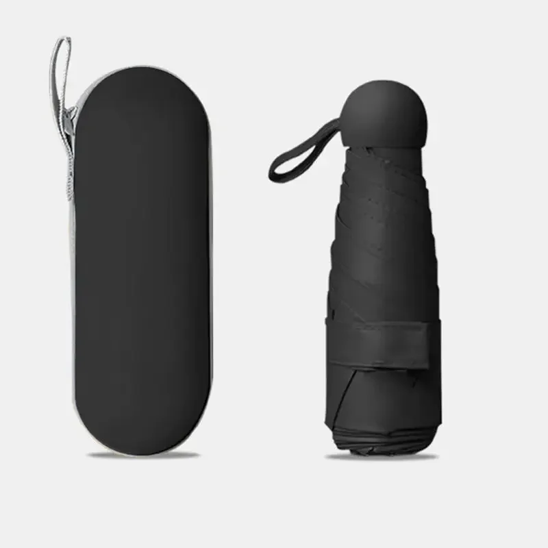 6-Rib 5-Fold Solid Color Folding Umbrella, Black Glue Coated UV Protection Ultra-Portable Sun & Rain Dual Use