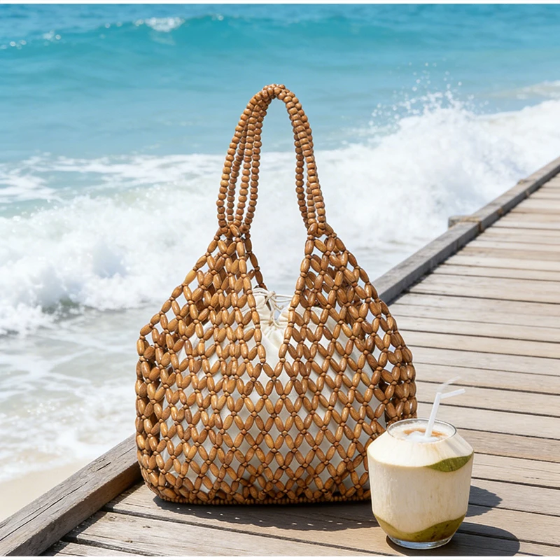 Ahornholz-Perlen-Handtasche, Damen Große Kapazität Hohle Strand-Urlaubstasche, Sommerliche Lässige Schicke Handgewebte Tragetasche – Detail 14