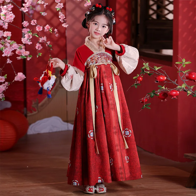 Girls Red Chinese New Year Clothing Children Winter Tang Suit Cheongsam Flower Girl Dress Ancient Hanfu Princess Costume Kids