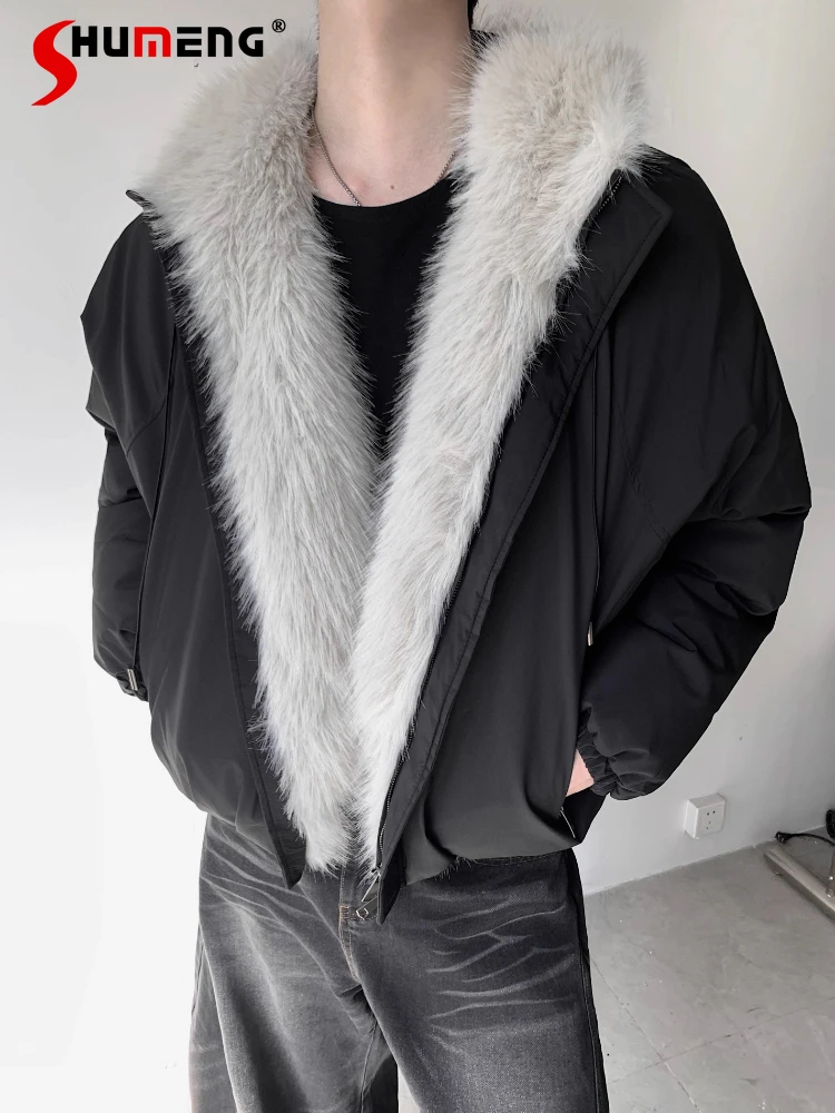 

2025 Men's Winter New Jacket Parkas Trendy American Style Retro Faux Fur Collar Padded Coats Male Long Sleeve Solid Color Parkas