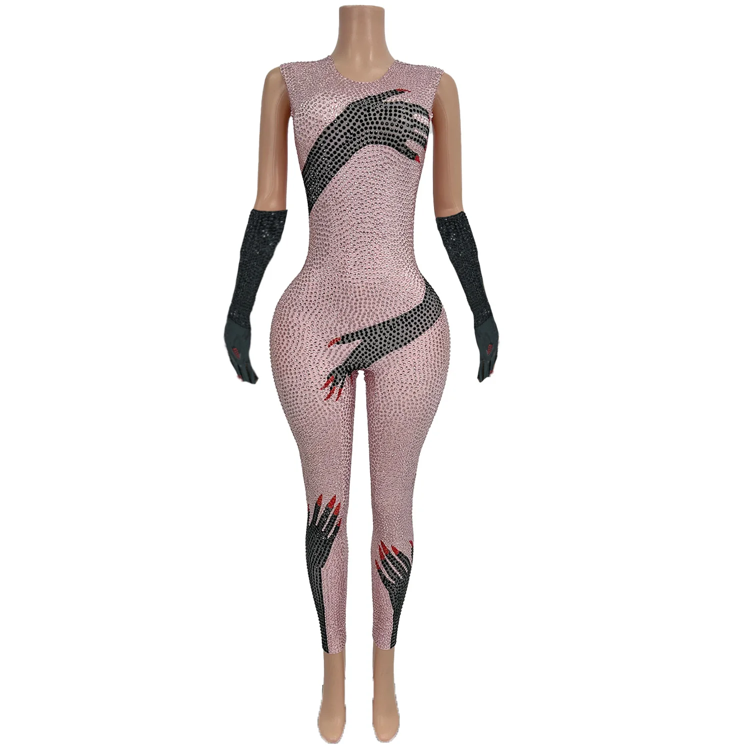 Street Sports Style Tight jumpsuit Black Finger Pink rhinestone Glove Tight Pants Theme Party Dance Stage Performance Costume hs