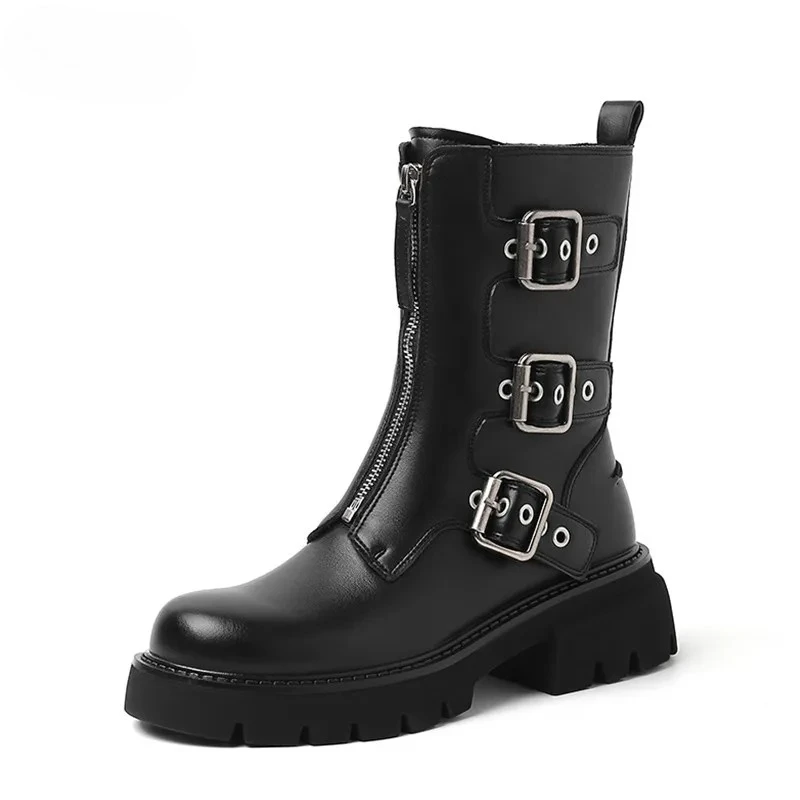 

Fashion Rivet Belt Buckle Chunky Heeled Leather Ankle Boots Women Fall Winter Platform High Heels Punk Motorcycle Boots Shoes