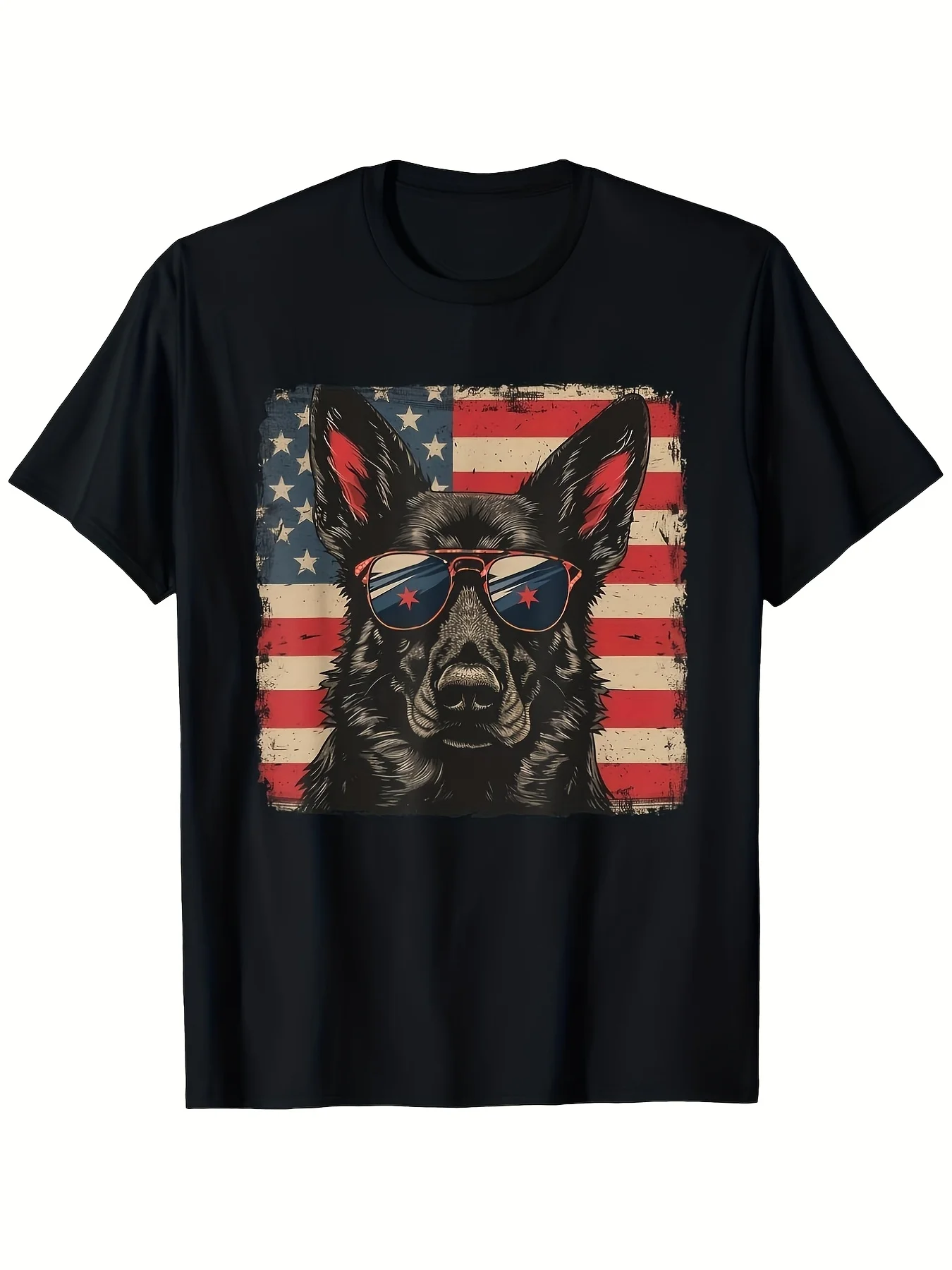 Patriotic German Shepherd American Flag Tshirt July 4Th Unisex Black  Breathable Stretchy  Casual Streetwear for Outdoor Activities Holidays Vintage Style Retro Casual Short-Sleeved T-Shirt with a Round Neck And Printed Pattern S
