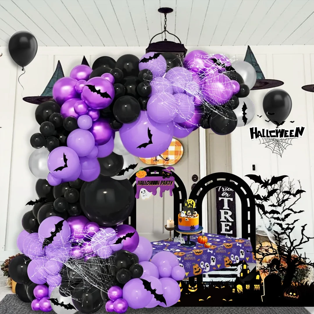 116Pcs Purple Black Halloween Theme Balloon Set Combination, 12Pcs Bat Sticker, Metallic Silver Metallic Purple Latex Balloon, Suitable for Halloween Theme Party Decoration, Funny Theme Event Site Layout